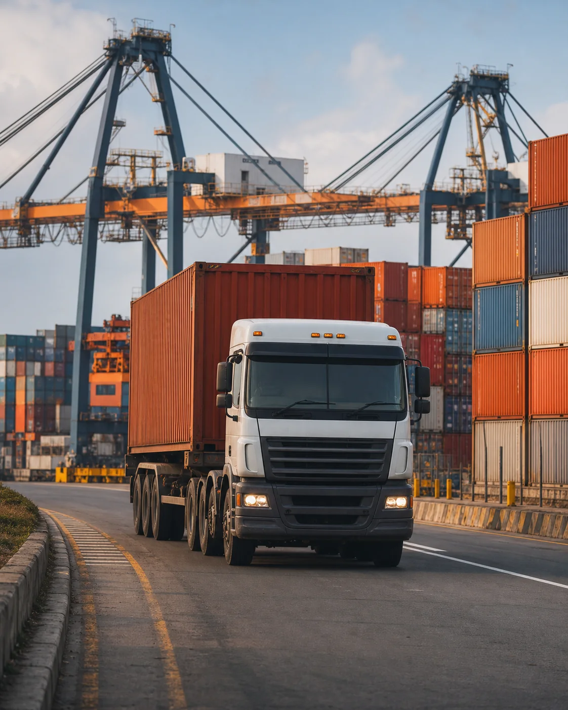 Camión de carga en una terminal portuaria con contenedores y grúas